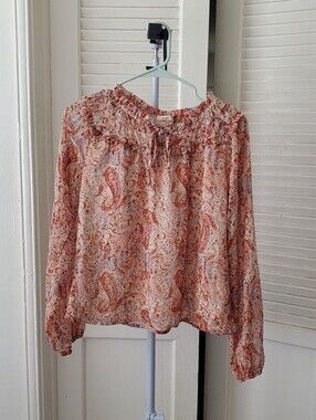 Francescas Mi Ami Orange Shimmer Paisley Boho Long Sleeve Blouse Size S